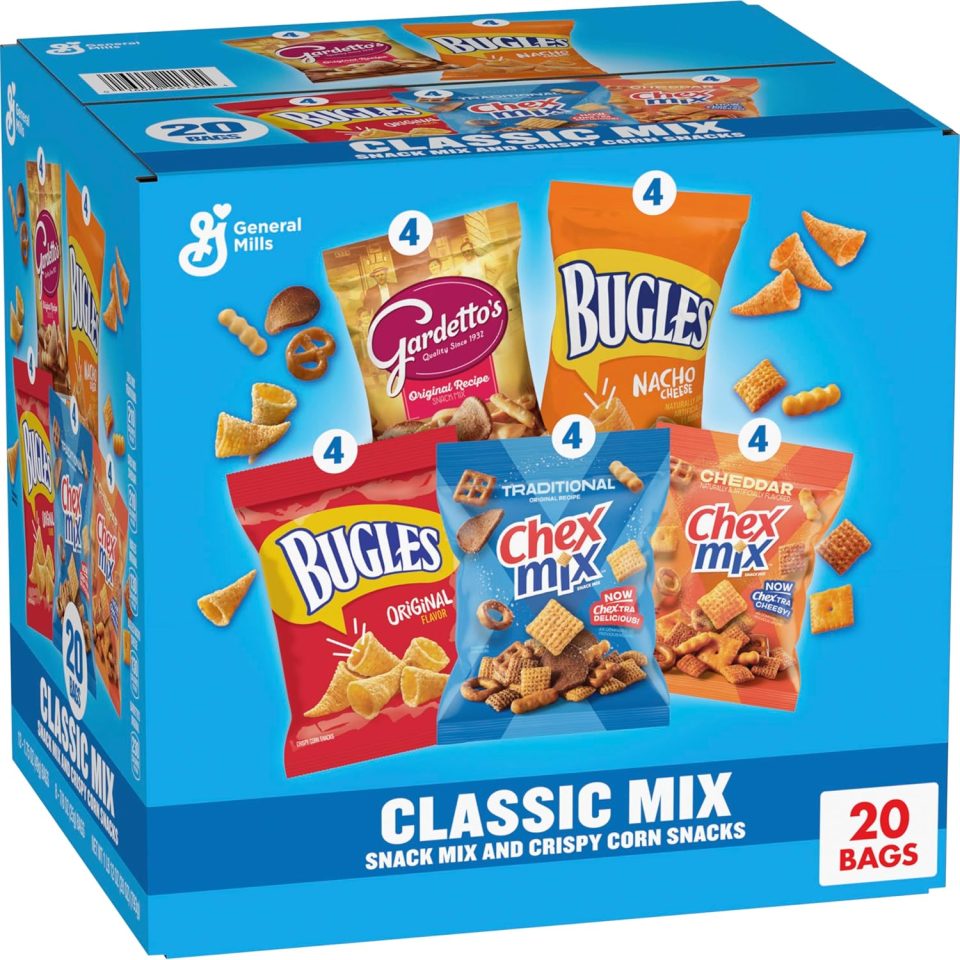 Classic Mix Snack Variety Pack. Bugles Original and Nacho Cheese. Gardetto's Original Recipe. Chex Mix Traditional and Cheddar. 20 Ct. 28 oz